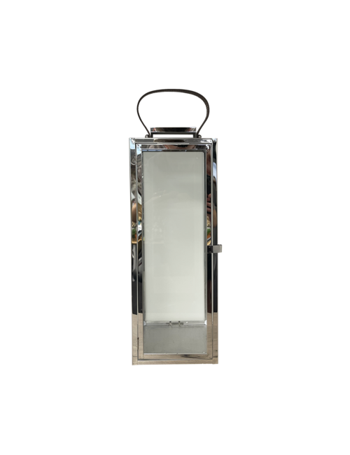 LARGE RECTANGLE SILVER METAL LANTERN LEATHER HANDLE