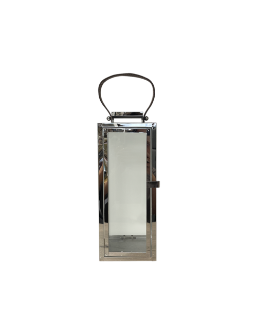 MEDIUM RECTANGLE SILVER METAL LANTERN LEATHER HANDLE