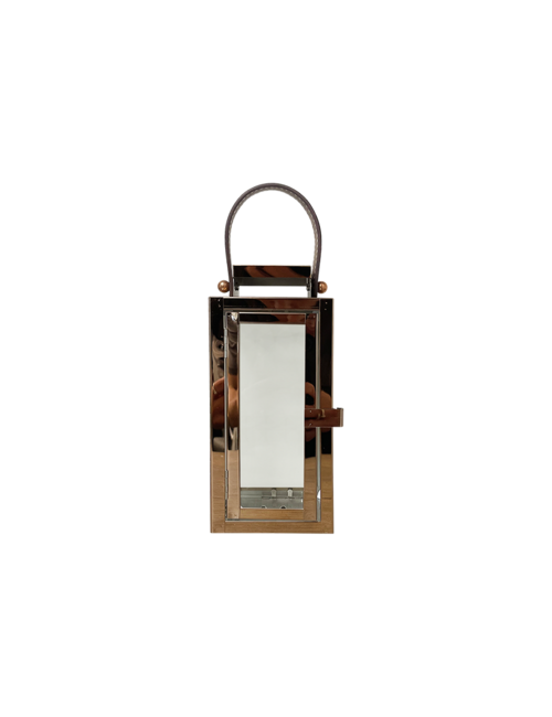 SMALL RECTANGLE ROSE GOLD METAL LANTERN LEATHER HANDLE