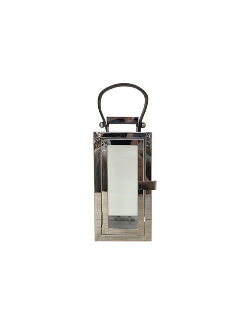 SMALL RECTANGLE SILVER METAL LANTERN LEATHER HANDLE