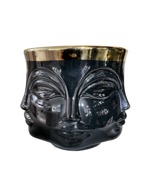 LARGE  MULTIFACE BLACK POT WITH GOLD RIM