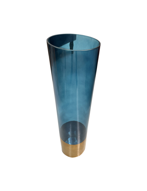 60Cmh Blue Barrel Vase With Gold Bottom Band