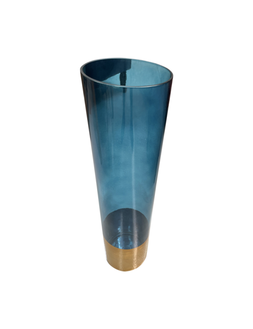 60Cmh Blue Barrel Vase With Gold Bottom Band