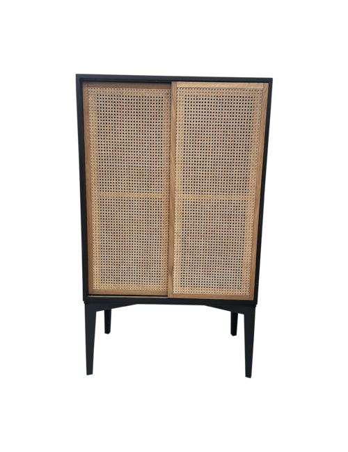 152cmh Black Oak frame and rattan sliding door cabinet