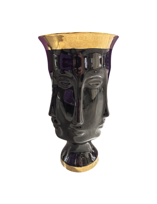 LARGE MULTIFACE BLACK URN WITH GOLD RIM