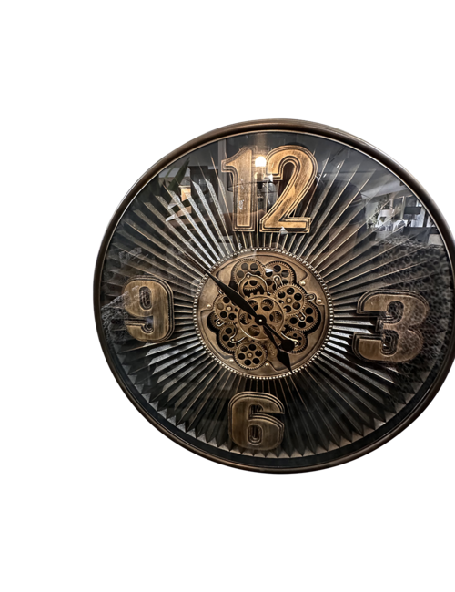 Large Round Aged Gold Burst Cog Clock