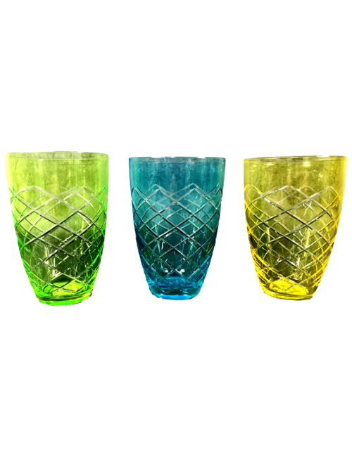  EACH - COLOURED CUT GLASS WATER GLASSES
