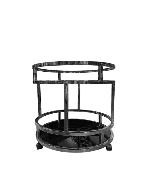 SILVER , CLEAR GLASS ROUND ODEN DRINKS TROLLEY