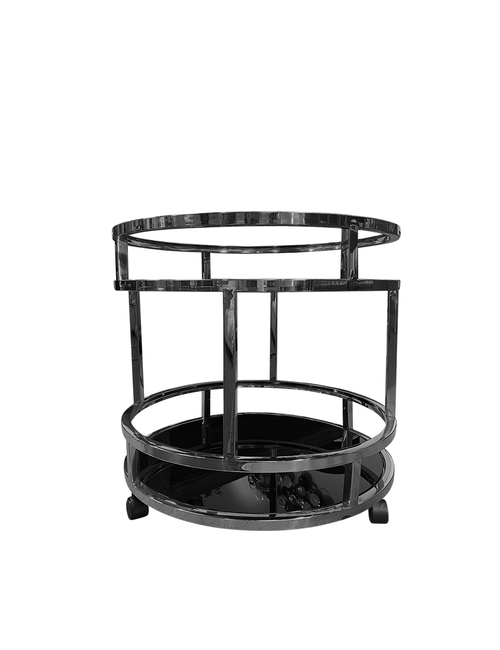 SILVER , CLEAR GLASS ROUND ODEN DRINKS TROLLEY