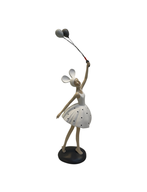 LADY WITH WHITE DRESS BLACK DOTS AND BALLOONS
