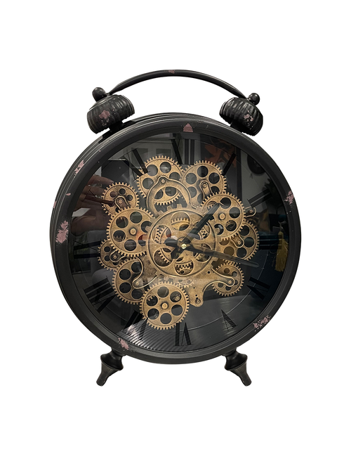 AGED BLACK COG OLD FASHIONED ALARM CLOCK