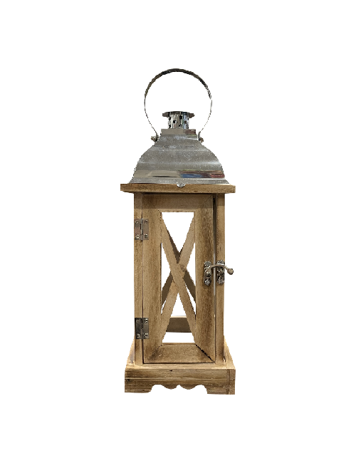 SMALL SQUARE NATURAL WOOD X FRAME SILVER TOP LANTERN