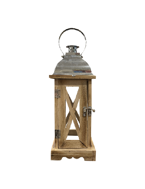 Small Square Natural Wood X Frame Silver Top Lantern
