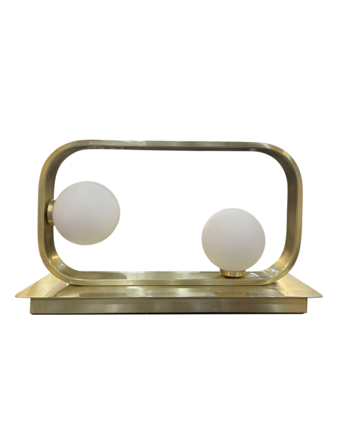 HORIZONTAL 2 GLASS BALL IN SQUARE RING TABLE LAMP