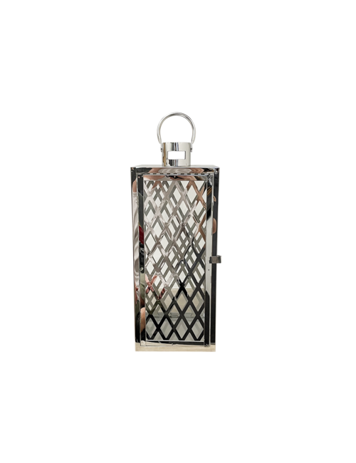 LARGE CRISS CROSS SILVER METAL LANTERN