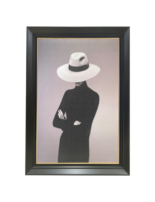 CROSS ARMED PERSON LOOKING LEFT IN PANAMA HAT BLACK/GOLD FRAMED ART