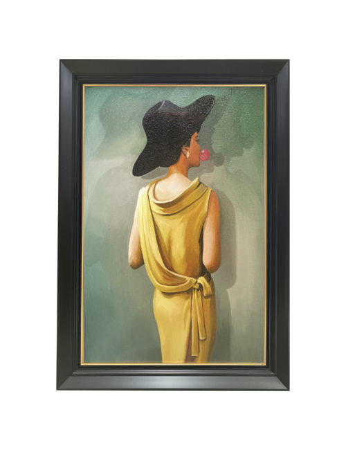 BACK OF LADY WITH PINK BUBBLE BLACK/GOLD FRAMED ART