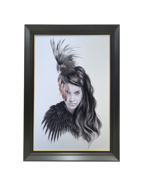 PERSON WITH BIRD IN HAIR BLACK/GOLD FRAMED ART