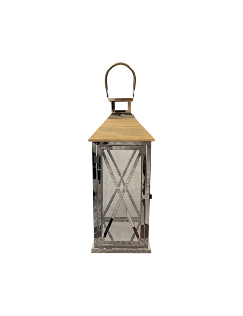 LARGE SILVER WITH WOOD TOP LANTERN