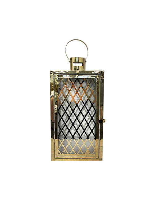 LARGE CRISS CROSS SQUARE GOLD METAL LANTERN