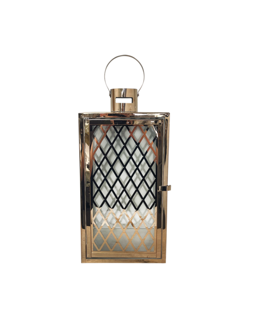 LARGE CRISS CROSS SQUARE ROSE GOLD METAL LANTERN