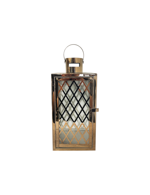 MEDIUM  CRISS CROSS SQUARE ROSE GOLD METAL LANTERN