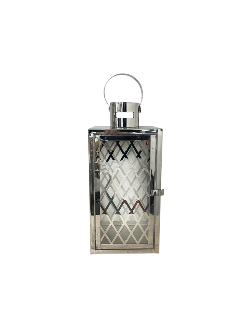 MEDIUM CRISS CROSS SQUARE SILVER METAL LANTERN