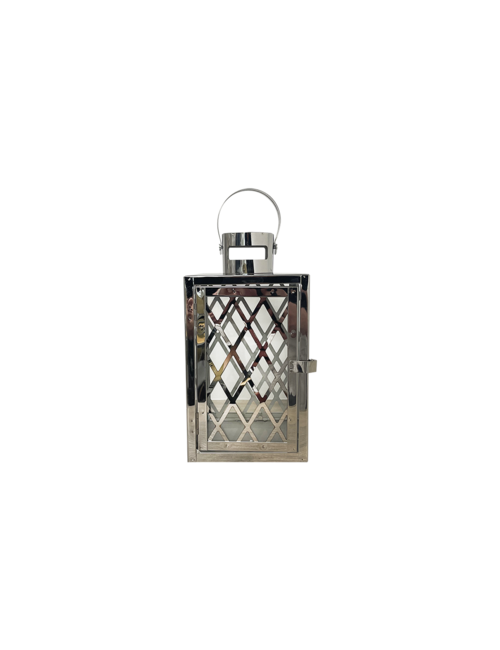 SMALL CRISS CROSS SQUARE SILVER METAL LANTERN